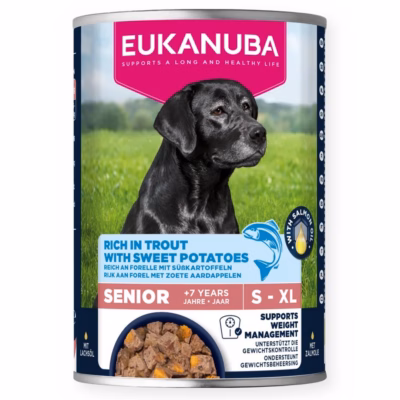 Koera märgtoit EUKANUBA Life Care Senior forelli ja bataadiga, 400 g konserv