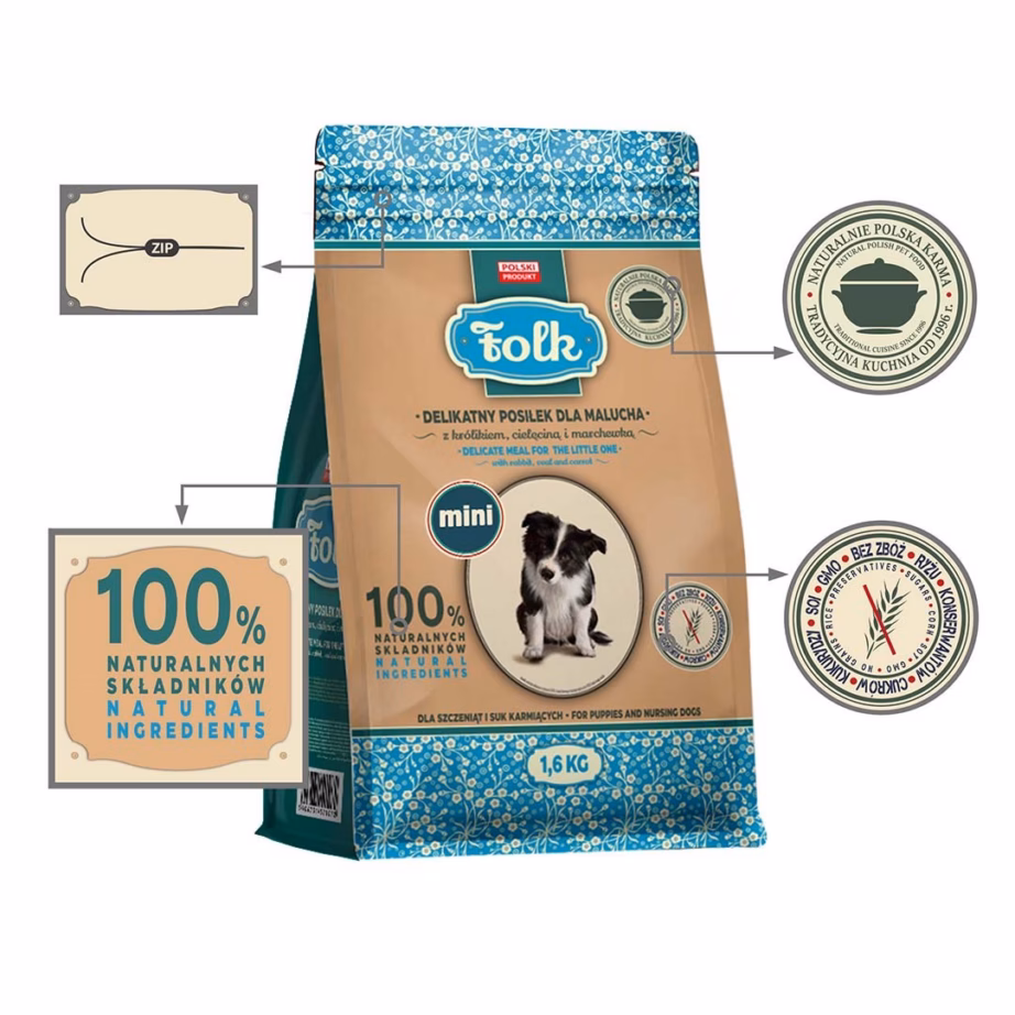 Kuiv koeratoit Folk Junior Small Breeds, küüliku- ja vasikalihaga, 1,6 kg - 2