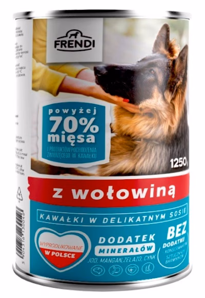 Märg koeratoit Frendi, veisetükid õrnas kastmes, 1250 g (konserv)