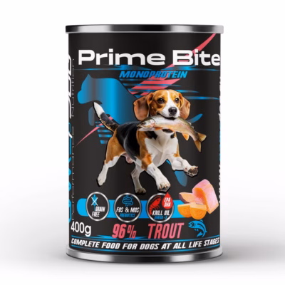 Monoproteiinne märgtoit täiskasvanud koertele GAME DOG Prime Bite forelli ja bataadiga, 400 g