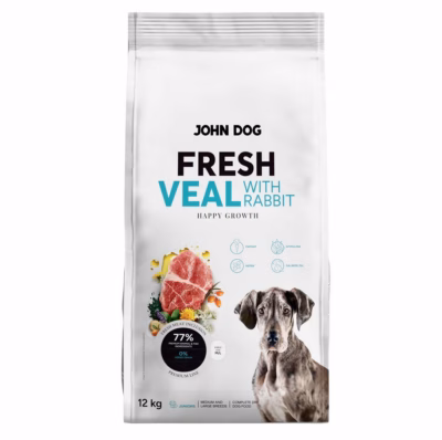 Koera kuivtoit JOHN DOG Fresh Junior, vasikalihaga, keskmisele ja suurele tõule, 12 kg