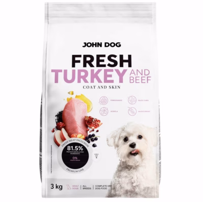 Koera kuivtoit JOHN DOG Fresh Turkey and beef, täissööt täiskasvanud koertele, 3 kg