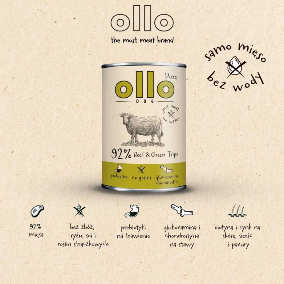Märg koeratoit OLLO Pure Beef and Roheline Tripe, täiskasvanud koertele, 850 g - 8