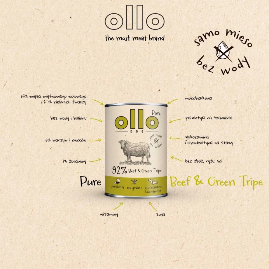 Märg koeratoit OLLO Pure Beef and Roheline Tripe, täiskasvanud koertele, 850 g - 9