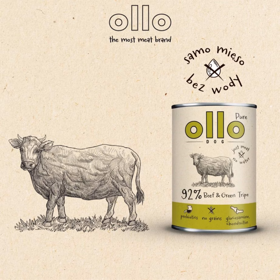 Märg koeratoit OLLO Pure Beef and Roheline Tripe, täiskasvanud koertele, 850 g - 10