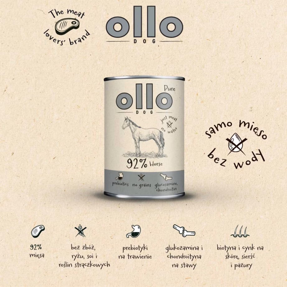 Koera märgtoit OLLO Pure Horse Mono, hobuseliha, monoproteiin, 850 g konserv - 3