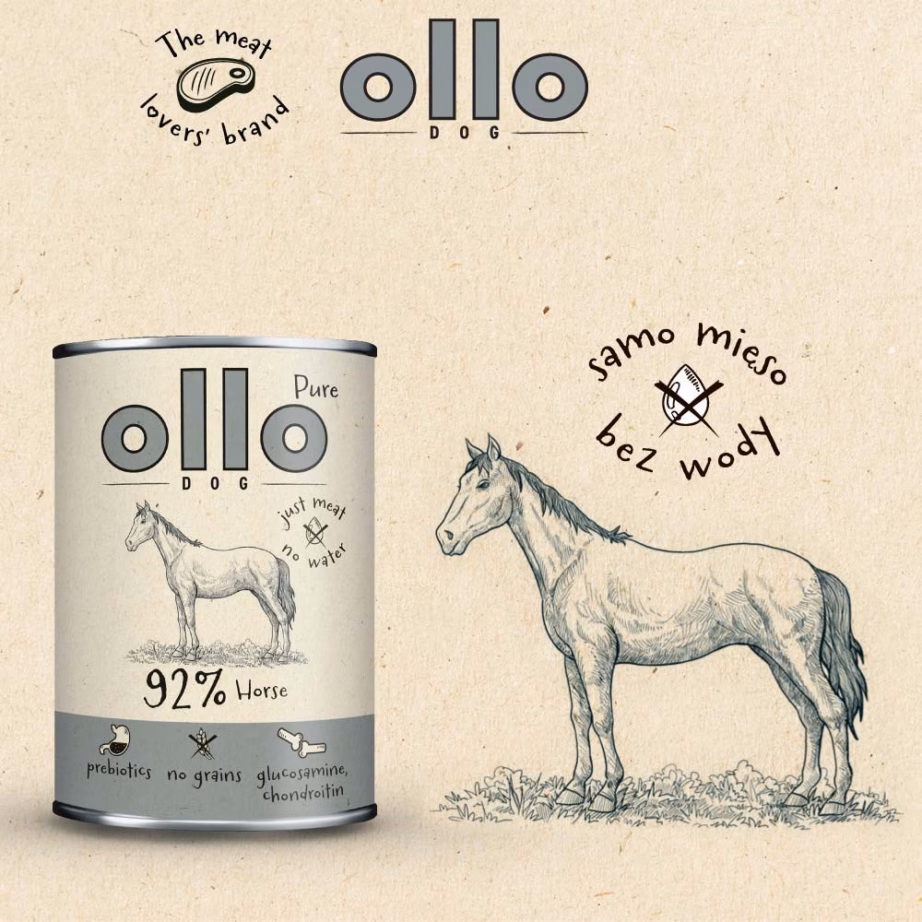 Koera märgtoit OLLO Pure Horse Mono, hobuseliha, monoproteiin, 850 g konserv - 5