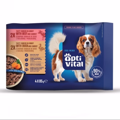 Märg koeratoit OptiVital Tasty Shreds veise ja pardiga kastmes, 4 × 85 g