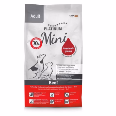 Poolniiske koeratoit PLATINUM Adult Beef Mini, täissööt täiskasvanud väikestele koertele, 900 g