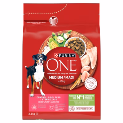 Koera kuivtoit PURINA One Adult Medium/Maxi Weight Control Sterilized, kalkun ja riis, 2,5 kg