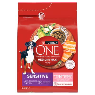 Koera kuivtoit PURINA One Adult Medium/Maxi Sensitive, lõhe ja riis, 2,5 kg