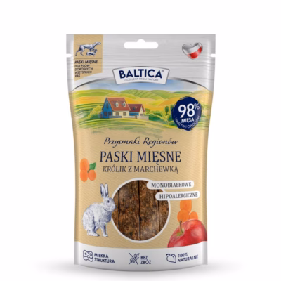 Koera maius BALTICA Smaki regionów Mono Meat Strips küülik porgandiga, 90 g