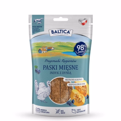 Koera maiustus BALTICA Mono Meat Strips Turkey with Pumpkin, 90 g (Smaki regionów)