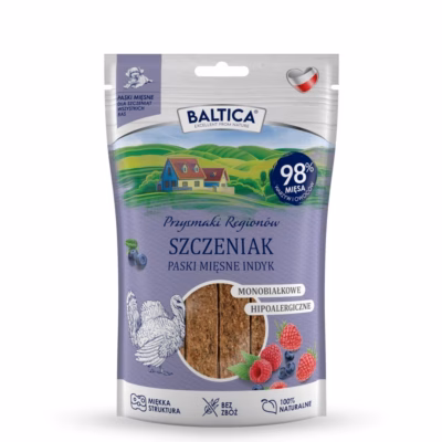 Koera maius BALTICA Smaki regionów Puppy Mono Meat Strips Turkey, 90 g