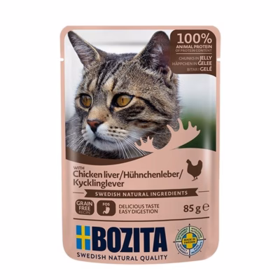 Kassitoit BOZITA Chicken Liver Chunks in Jelly, täissööt täiskasvanud kassile, 85 g