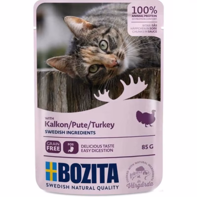 Kasside märgtoit Bozita Meat chunks in sauce Turkey, täissööt täiskasvanud kassile 85 g