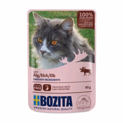 Märgtoit kassile BOZITA Meat Chunks in Jelly with Moose, põdraga tarretises, 85 g