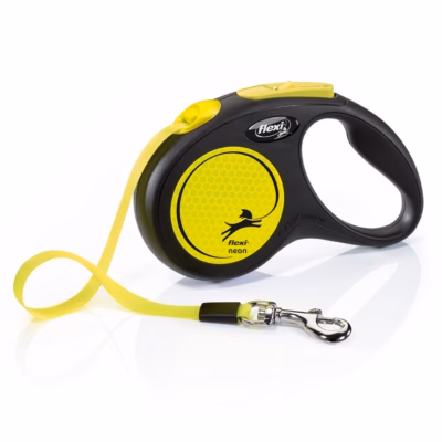 Sissetõmmatav teibiga jalutusrihm koerale flexi Neon, 5 m, kuni 15 kg, must/kollane