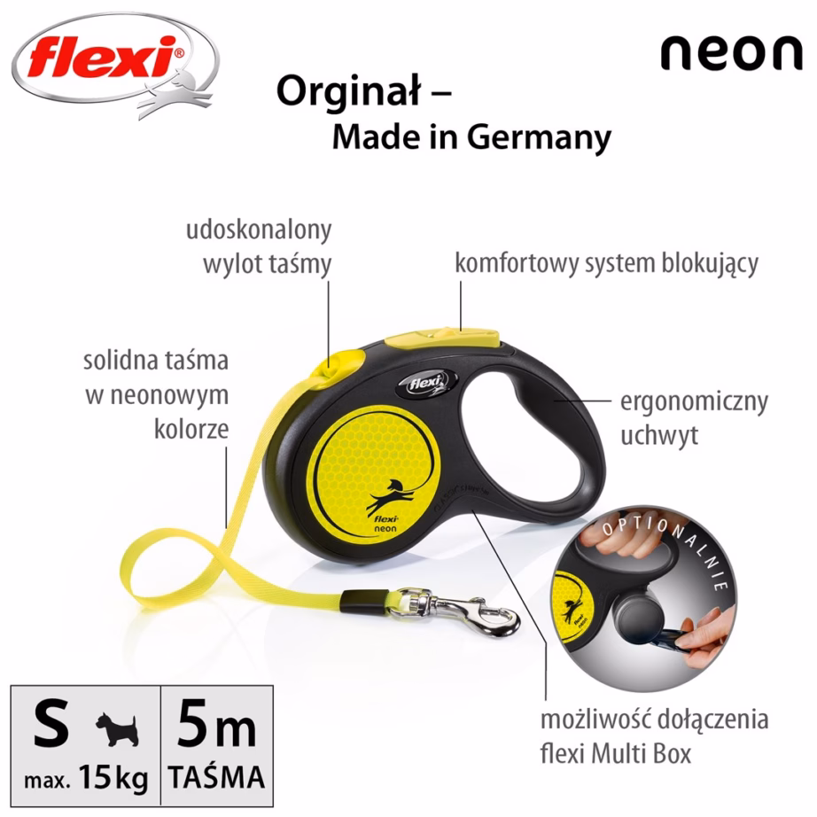 Sissetõmmatav teibiga jalutusrihm koerale flexi Neon, 5 m, kuni 15 kg, must/kollane - 2