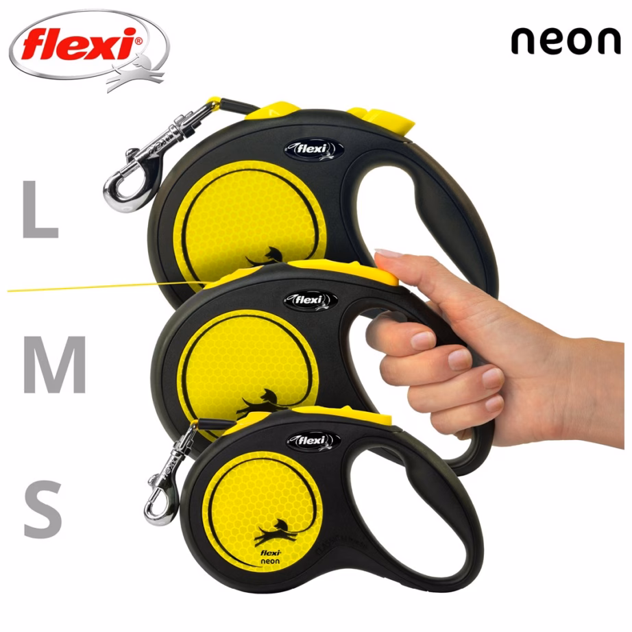 Sissetõmmatav teibiga jalutusrihm koerale flexi Neon, 5 m, kuni 15 kg, must/kollane - 4