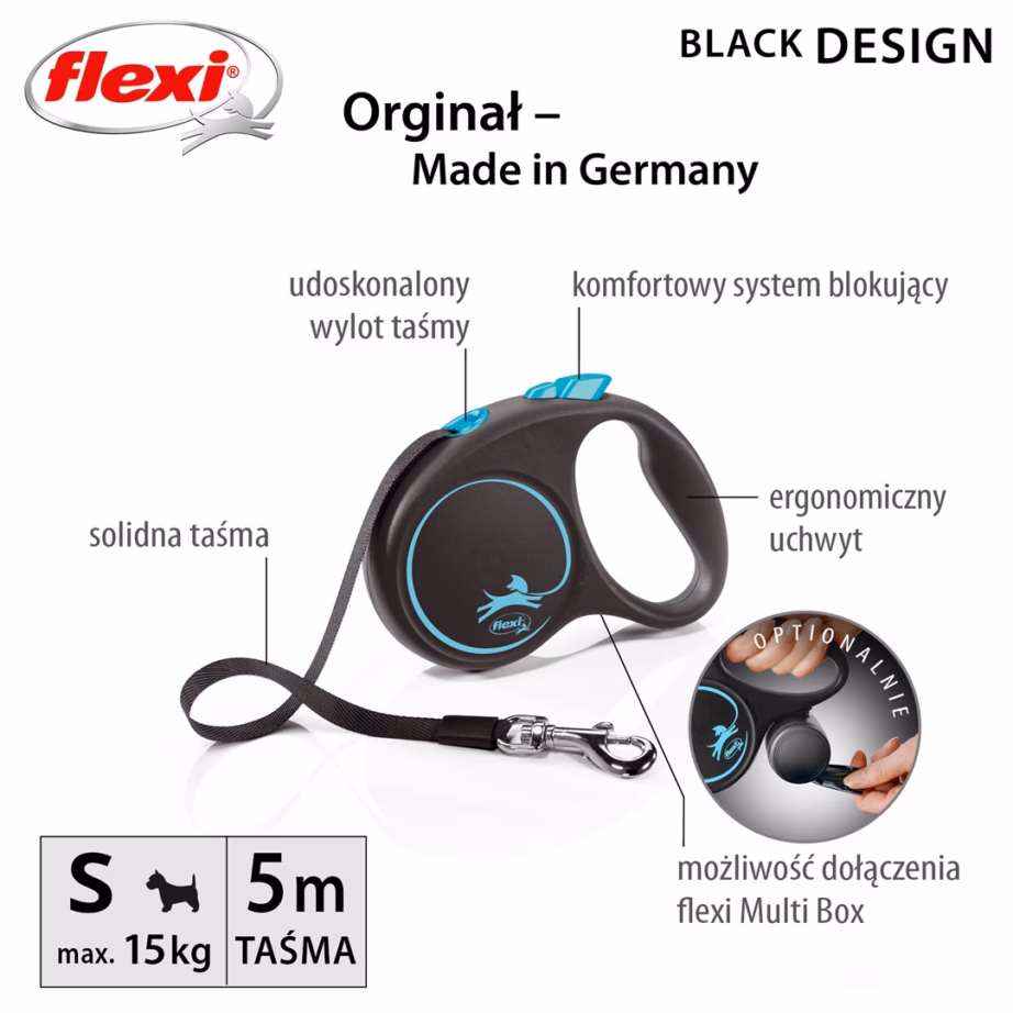 Automaatne jalutusrihm flexi Must Design S, 5 m, lint, must/sinine, kuni 15 kg - 5