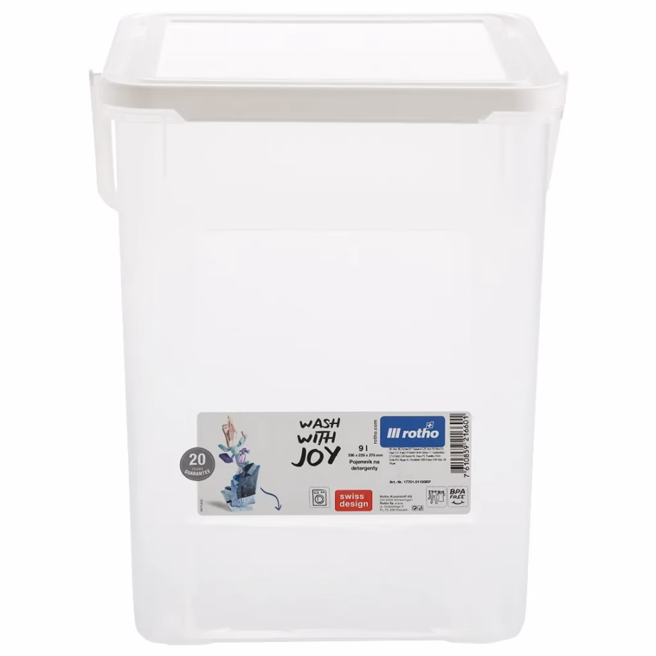 Pesuvahendi hoiukonteiner Rotho Basic, 9 l, kaanega, valge/läbipaistev - 3