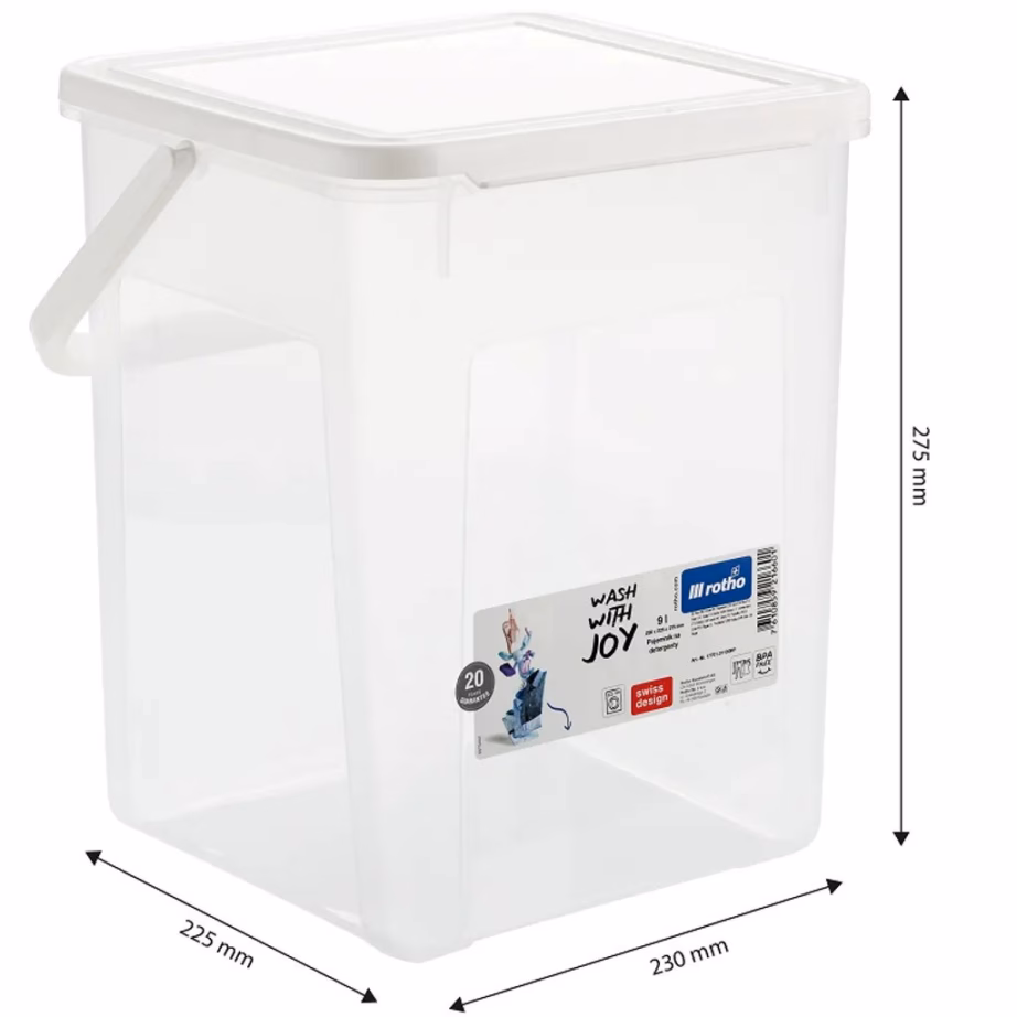 Pesuvahendi hoiukonteiner Rotho Basic, 9 l, kaanega, valge/läbipaistev - 6