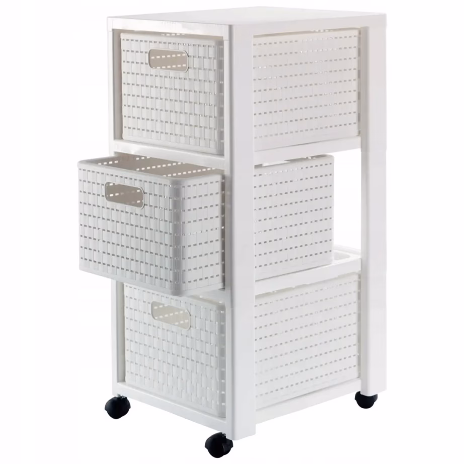 Sahtlitega riiul Rotho Country, 3 sahtlit, ratastel, valge, 71,2 × 32,5 × 37,5 cm - 2