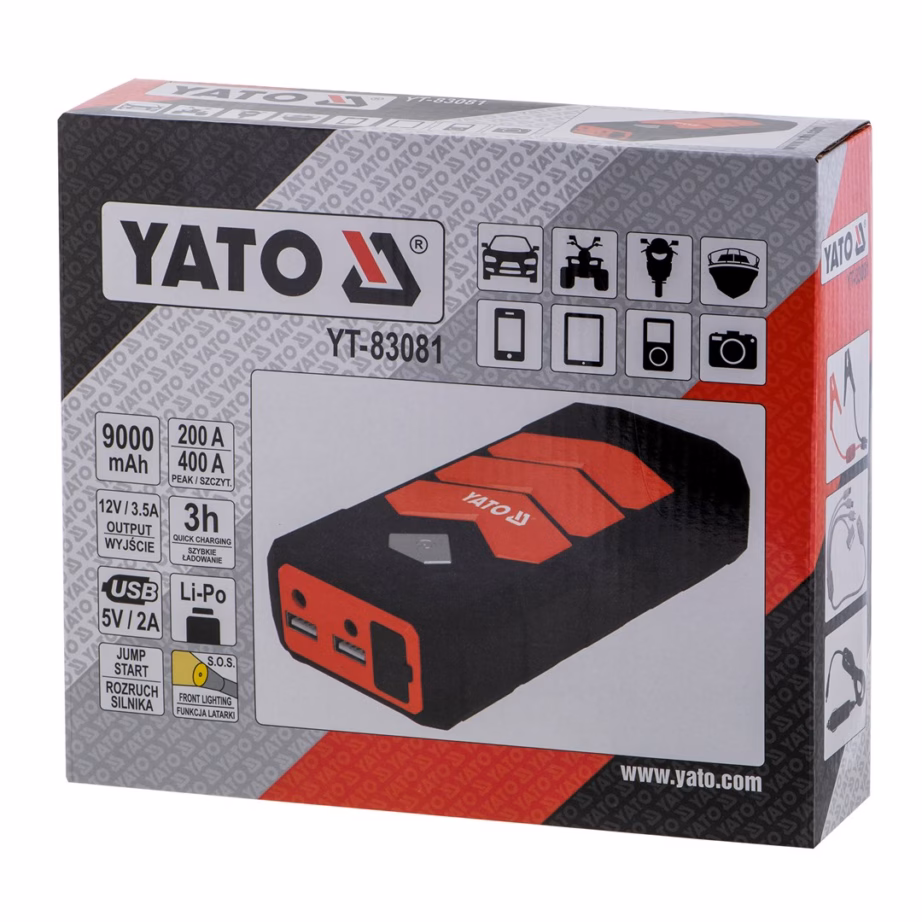 Käivitusabi ja akupank YATO YT-83081, 9000 mAh, 400 A, 2× USB, taskulamp - 14
