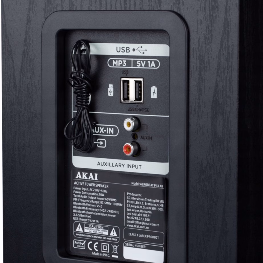 Aktiivkõlar AKAI AeroBeat Pillar, Bluetooth 5.0, 60 W RMS, FM-raadio ja juhtpult - 6