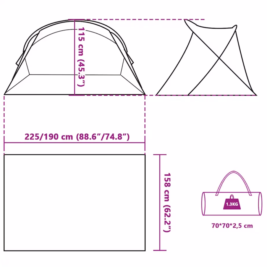 Hall pop-up rannatelk 2 inimesele, veekindel 190T polüester, 225/190 x 158 x 115 cm - 12