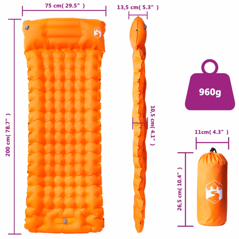 Isetäituv matkamadrats padja ja jalgpumbaga, 1 inimesele, oranž, 200 x 75 x 10,5 cm - 6