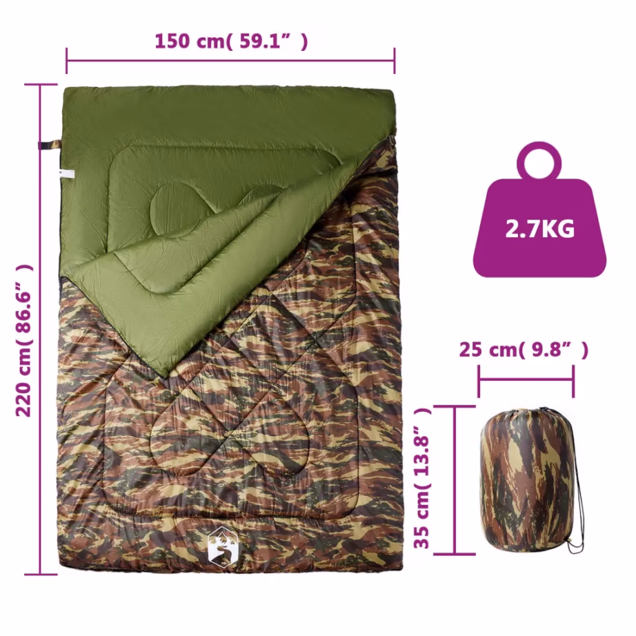 Kahekohaline magamiskott matkamiseks patjadega, kamuflaaž, 3-4 hooajaks, 220 x 150 cm, kandekotiga - 5