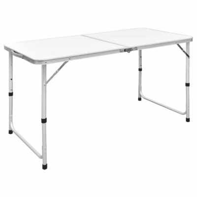 Kokkupandav reguleeritava kõrgusega matkalaud, alumiinium, valge, 120 x 60 cm