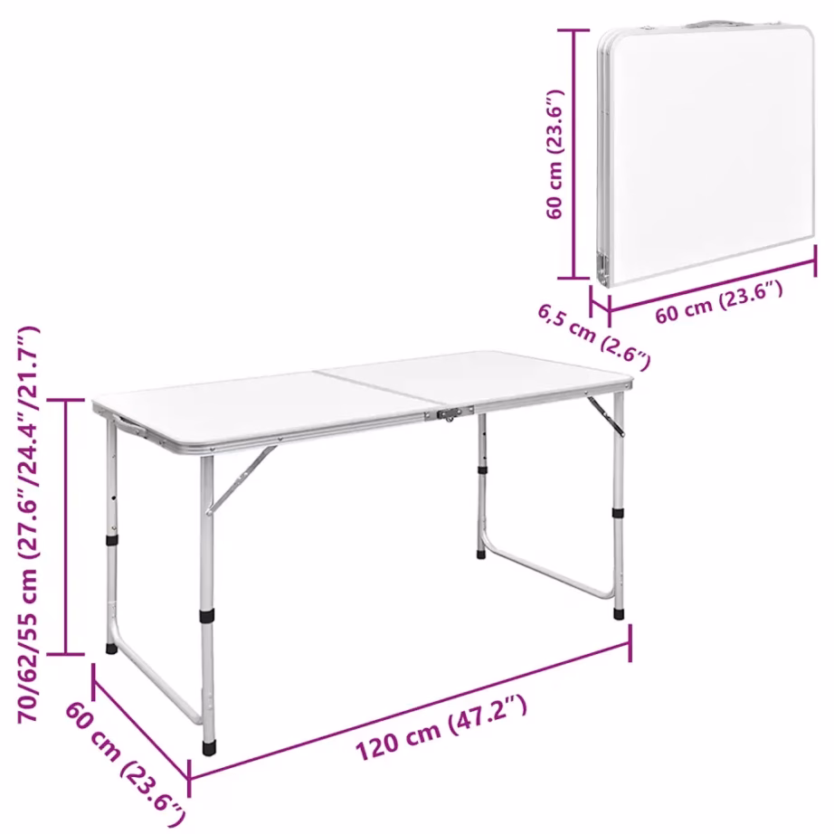 Kokkupandav reguleeritava kõrgusega matkalaud, alumiinium, valge, 120 x 60 cm - 6