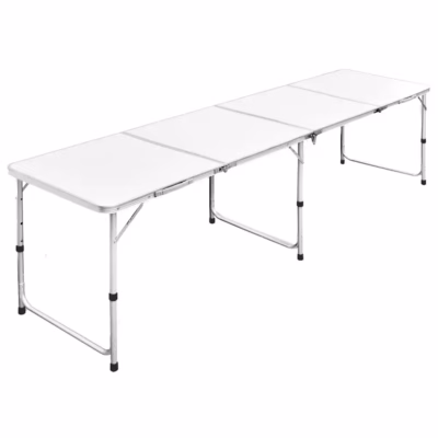 Kokkupandav alumiiniumist matkalaud reguleeritava kõrgusega, 240 x 60 cm, valge