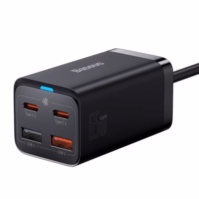 Seinalaadija Baseus GaN3 Pro, 65 W, 2× USB‑C + USB 2.0 + Micro‑USB, must