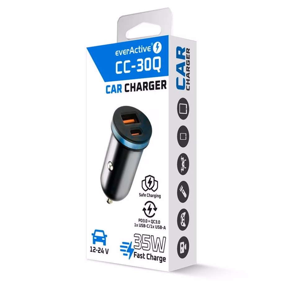 Autolaadija everActive CC-30Q, USB-A + USB-C, Quick Charge 3.0, PD, 35 W - 6