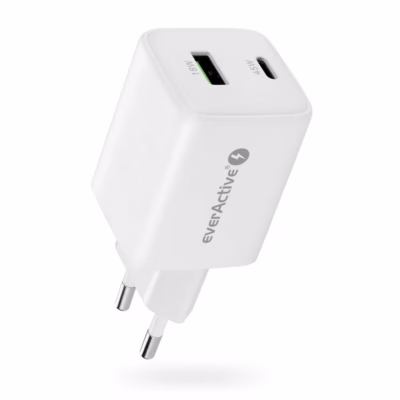 GaN võrgulaadija everActive, 45 W, USB-A + USB-C, Quick Charge 4+, valge