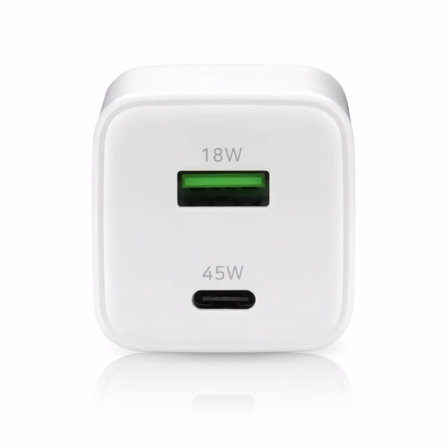 GaN võrgulaadija everActive, 45 W, USB-A + USB-C, Quick Charge 4+, valge - 2