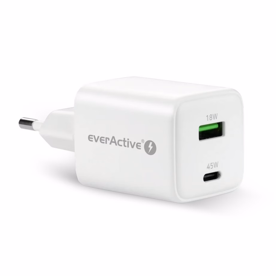 GaN võrgulaadija everActive, 45 W, USB-A + USB-C, Quick Charge 4+, valge - 3