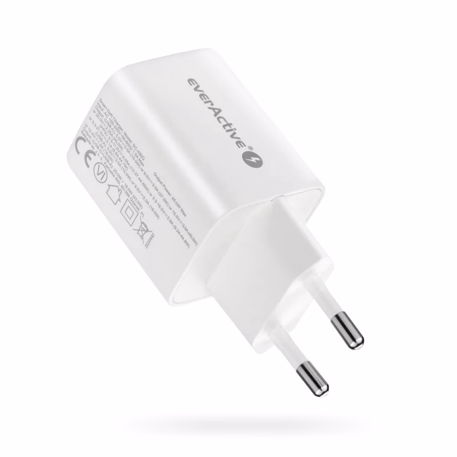 GaN võrgulaadija everActive, 45 W, USB-A + USB-C, Quick Charge 4+, valge - 4