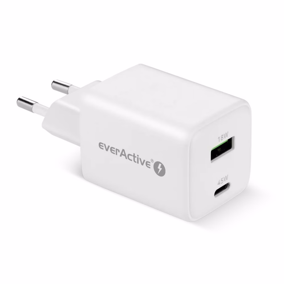 GaN võrgulaadija everActive, 45 W, USB-A + USB-C, Quick Charge 4+, valge - 5