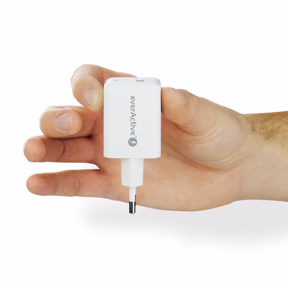 GaN võrgulaadija everActive, 45 W, USB-A + USB-C, Quick Charge 4+, valge - 7