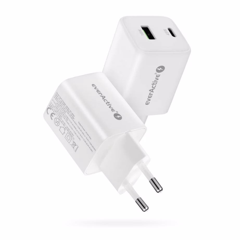 GaN võrgulaadija everActive, 45 W, USB-A + USB-C, Quick Charge 4+, valge - 8