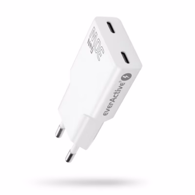Kiirlaadija everActive 2 × USB-C Quick Charge 4+ 30 W, SUPER SLIM, valge