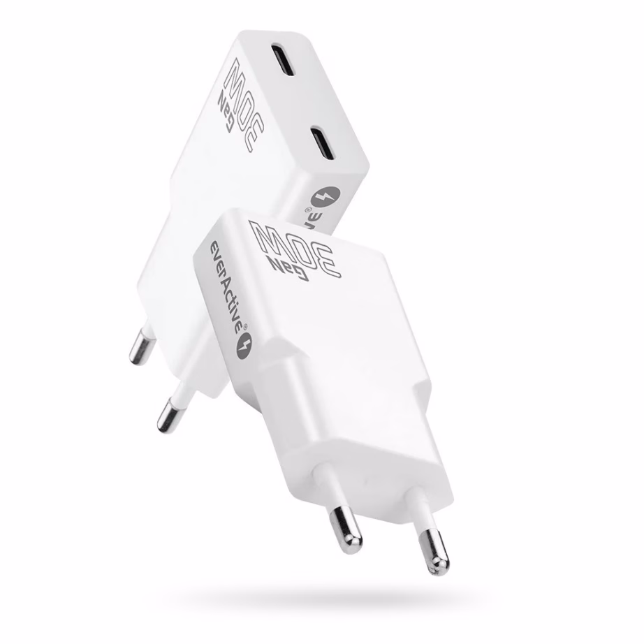 Kiirlaadija everActive 2 × USB-C Quick Charge 4+ 30 W, SUPER SLIM, valge - 5