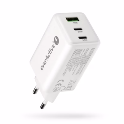 GaN-seinalaadija everActive 65 W, 1 × USB-A ja 2 × USB-C, Quick Charge 4+, valge