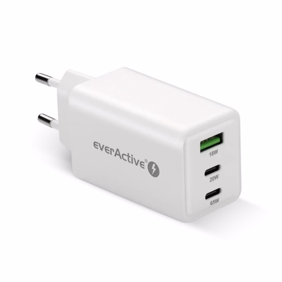 GaN-seinalaadija everActive 65 W, 1 × USB-A ja 2 × USB-C, Quick Charge 4+, valge - 2