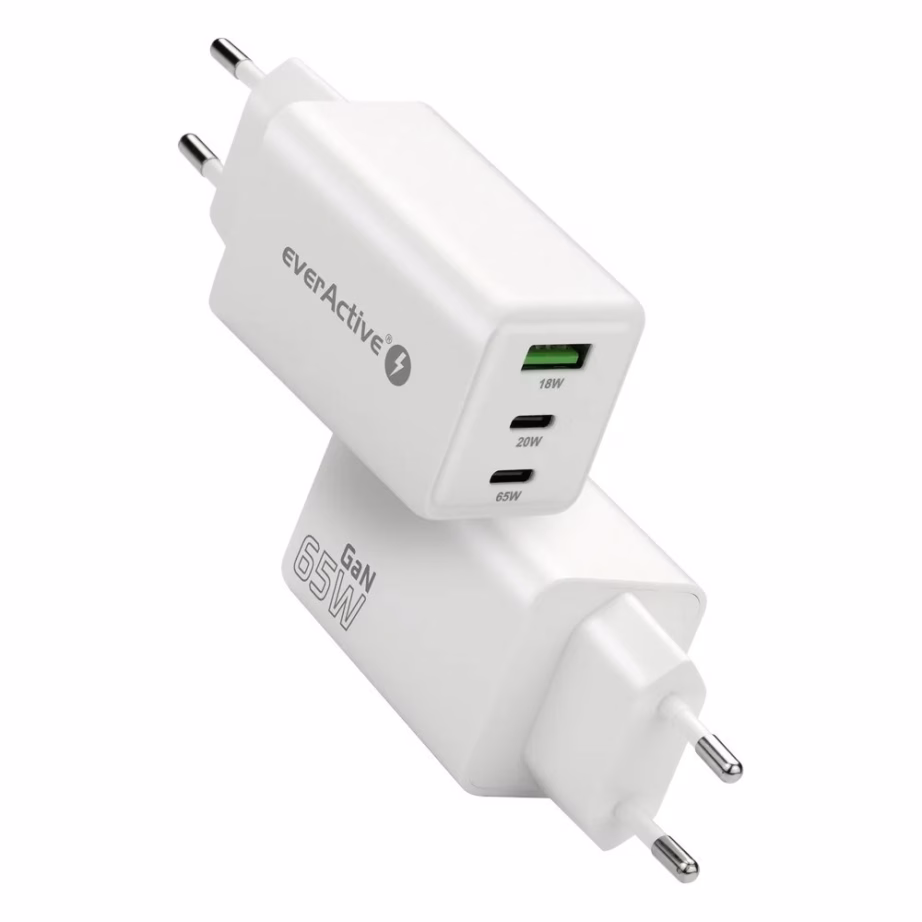 GaN-seinalaadija everActive 65 W, 1 × USB-A ja 2 × USB-C, Quick Charge 4+, valge - 5